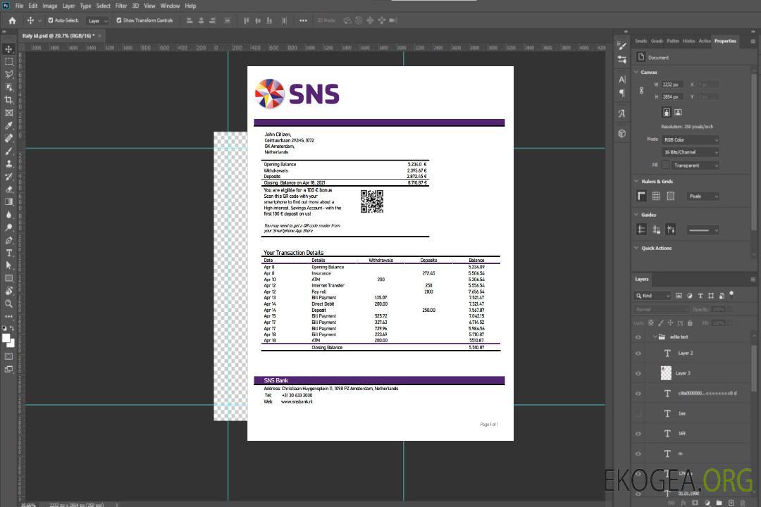 Relevé bancaire SNS des Pays-Bas template Relevé bancaire SNS des Pays-Bas template